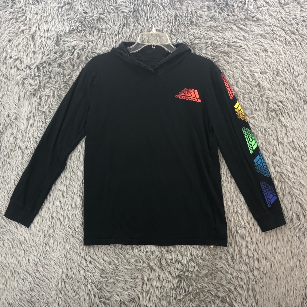 Adidas Hoodie Youth Large Women Small Long Sleeve Spellout Black Tshirt Pullover